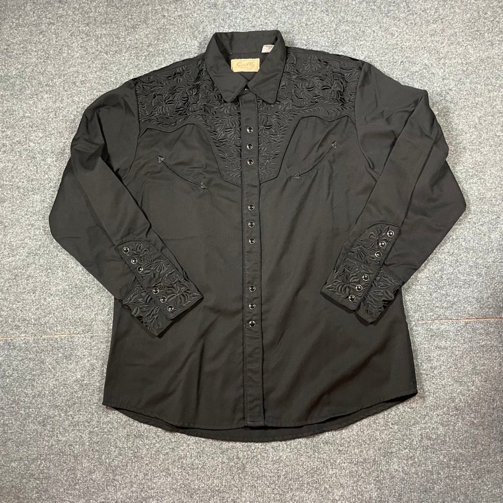 Scully Western Shirt Mens Large Black Embroidered Floral Snap Button Wedding
